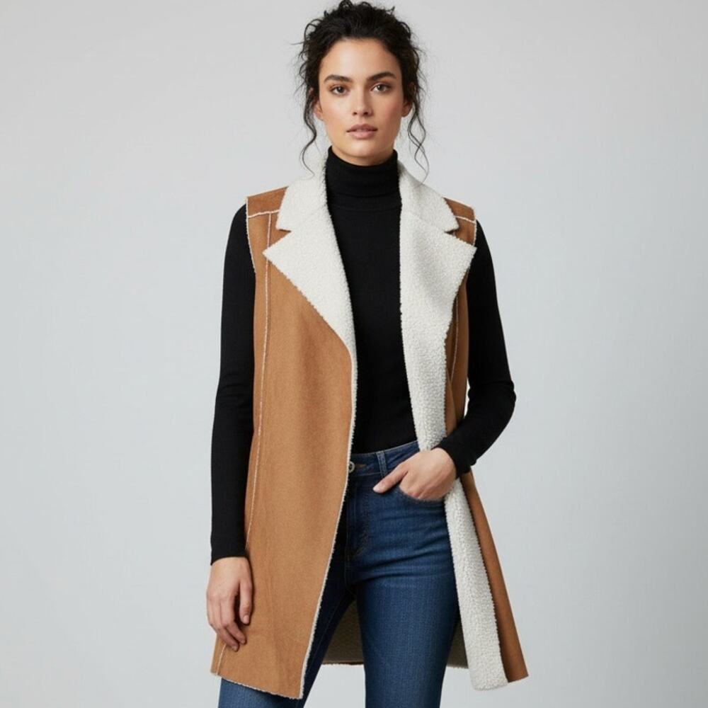 BCBGeneration Faux Suede Shearling Long Vest Brown Sherpa Lined Open Front S